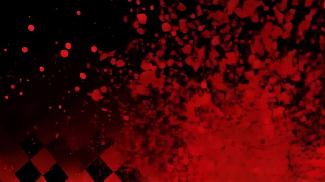 A dramatic abstract background features a red splatter effect on a black backdrop