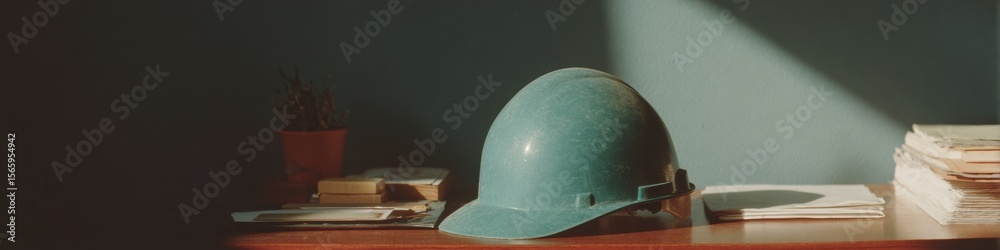 Poster Professional Occupational Safety Helmet on Desk in Modern Classroom Setting for High-Quality Workplace Training and Educational Health Protocols Content