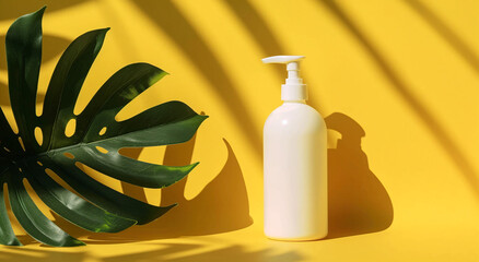 Minimalist Skincare Bottle with Natural Leaf on Vibrant Yellow Background