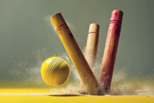 Professional High-Quality Cricket Ball Striking Wooden Stumps Dynamic Outdoor Sports Action for Inspiring Match Highlights and Premium Advertising Content