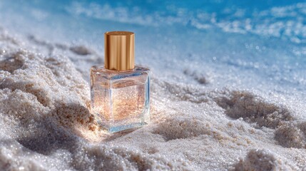 Luxury Perfume Bottle on Sparkling White Beach