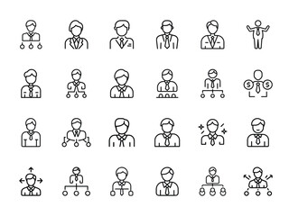 "Business Management Icons Set – Leadership, Corporate Hierarchy, Team Structure, CEO and Employee Line Art Vector Illustrations for Project Planning, Organization Chart, and Business Strategy Design"