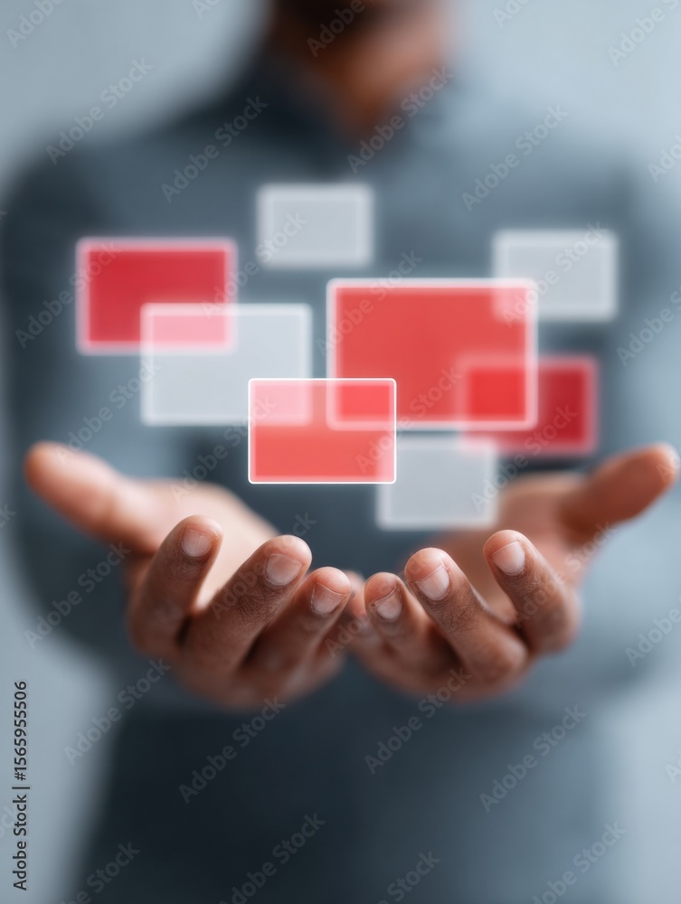 Poster Professional businessman presenting modern digital interface with floating icons for e-learning and mobile access in dynamic office setting for marketing use