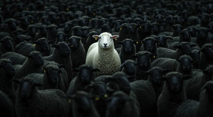 Obraz premium A 3d white sheep among black sheep represents inverted concept of leadership and individuality, rejecting societal norms and embracing rebellion in the crowd.