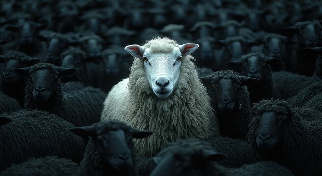 A 3d white sheep among black sheep represents inverted concept of leadership and individuality, rejecting societal norms and embracing rebellion in the crowd.