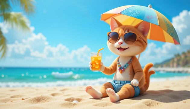Cute cartoon cat wearing sunglasses enjoying orange juice under a beach umbrella on a sunny tropical day.