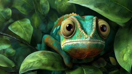 Fototapeta premium **A cartoon chameleon blending with green leaves, only its large eyes and curled tail visible among the jungle canopy