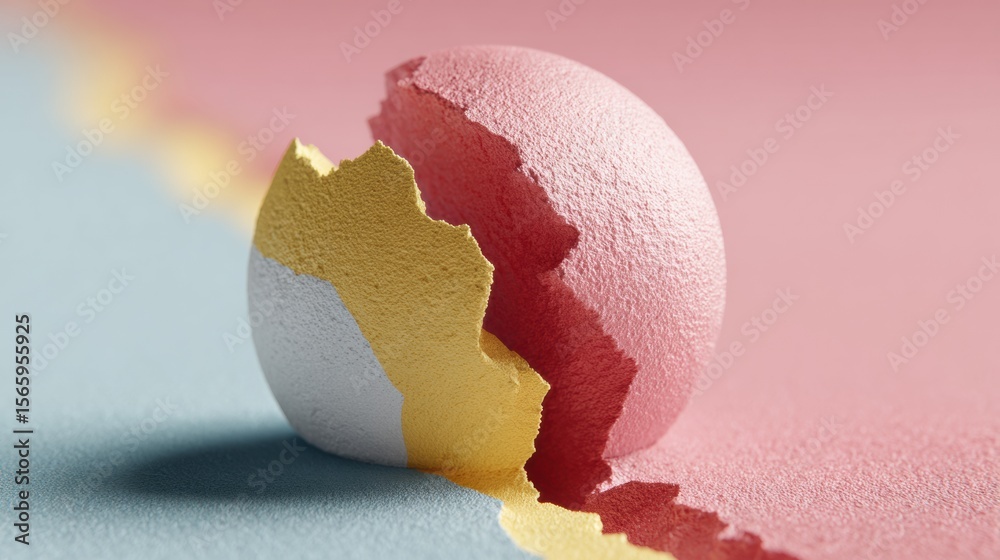 Poster Cracked Spherical Object with Textured Layers in Pastel Colors Showing Dynamic Break Design for Modern Art and Creative Industry Visuals