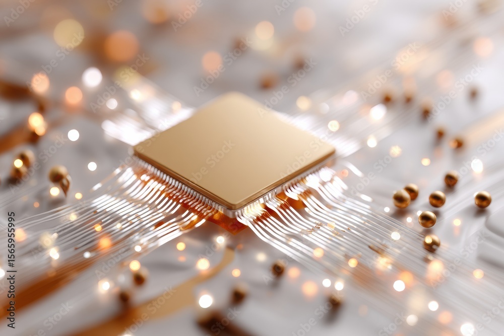 Poster Illuminated Quantum Chip on Motherboard with Data Streams and Nodes Representing Advanced Quantum Computing and Future Digital Innovation