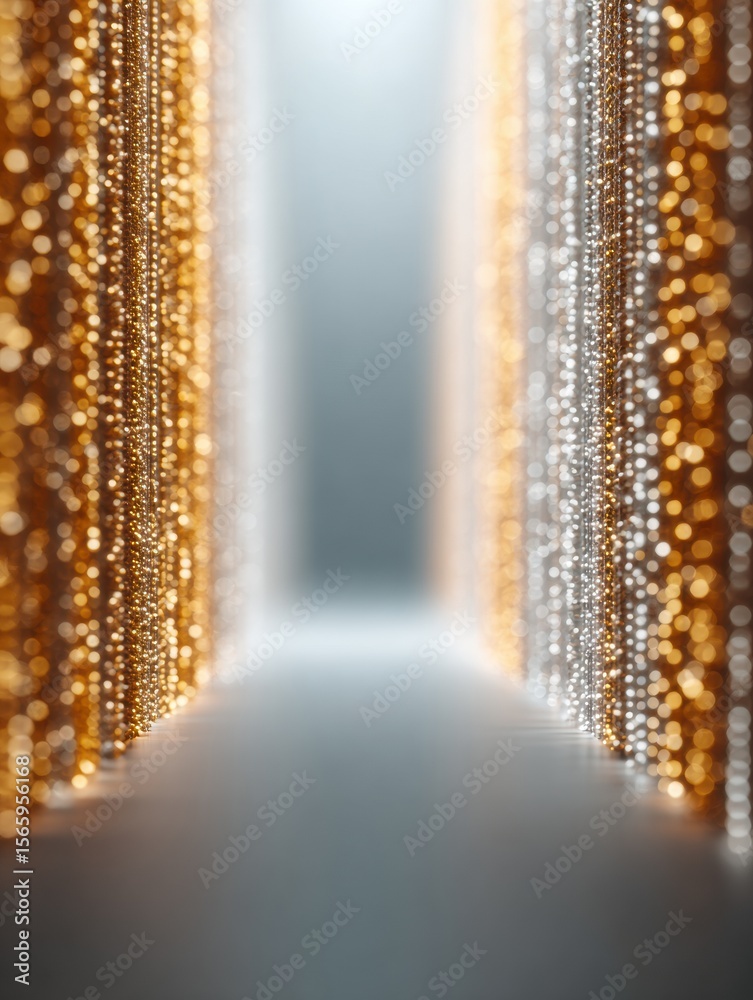 Poster Futuristic Digital Corridor with Gold and Silver Light Streams Symbolizing Advanced Quantum Security and AI-Powered Cryptography in Cybersecurity Consulting