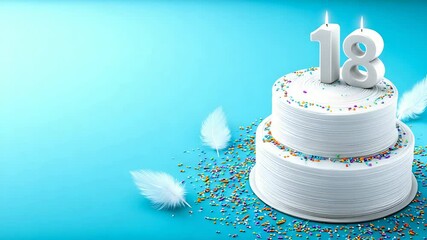 Birthday cake, number 18, light blue background - Powered by Adobe