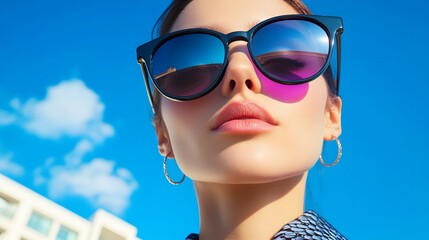 Fototapeta premium Woman wearing sunglasses with sky reflection outdoors on sunny day.
