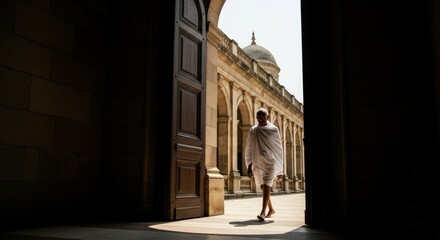 Fototapeta premium Ai generated image of a man walks through a doorway into a temple
