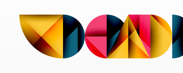 Abstract geometric shapes form colorful word OPEN. Vivid hues blend, creating dynamic visual impact. Modern design, clean lines.