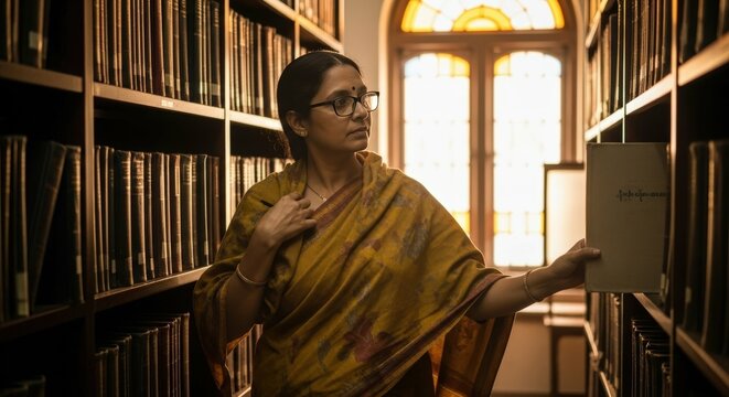 Ai generated image of a woman in a yellow sari looks at a book in a library - Powered by Adobe