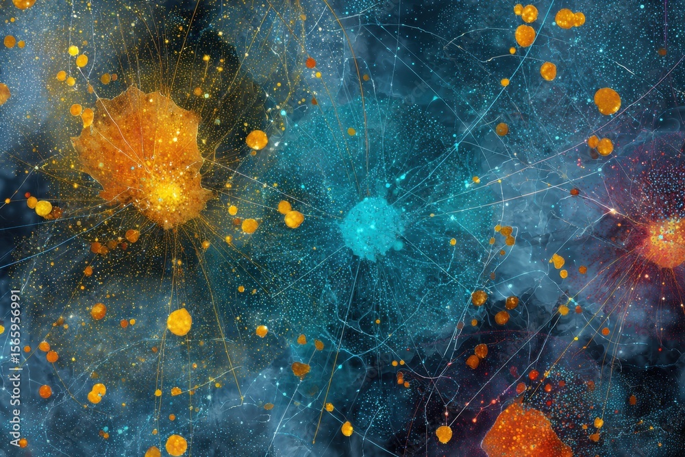 Poster Vibrant Celestial Map with Constellations and Cosmic Networks, Futuristic Science and Astronomy Education Visual for Digital Marketing