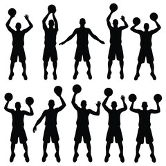 Dynamic basketball players displayed as black silhouette in action poses, reflecting a sporty and energetic theme.