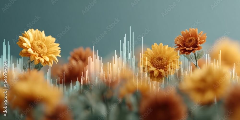 Poster Digital Sunflower Field with Ambient Data Visualization and Futuristic Graphs Nature Meets Tech in Modern Environmental Analytics and Wellness