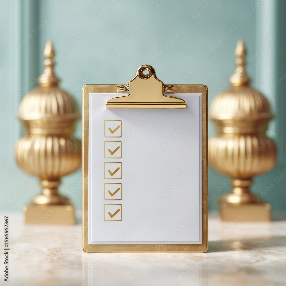 Poster Modern Gold Clipboard with Completed Checklist on Marble Desk - Premium Workspace Organization and Productivity Concept in Elegant Office Setting
