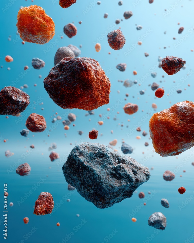 Aufkleber dense floating asteroids and rocky debris in space with textured surfaces - sci-fi marketing concept