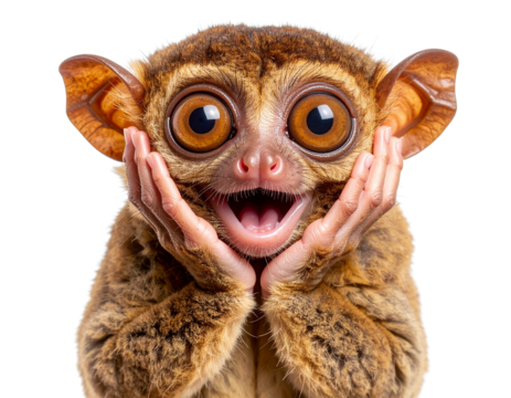 Funny Tarsier Expression with Popped Eyes and Cheeky Smile, Cutout on Transparent PNG
