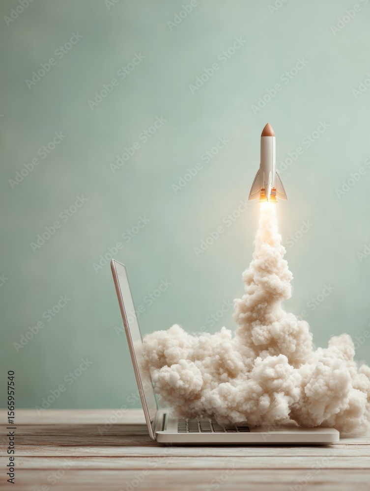 Aufkleber Futuristic Space Rocket Launching from Laptop Screen with Smoke and Digital Clouds Symbolizing Tech Startup Innovation and Digital Transformation