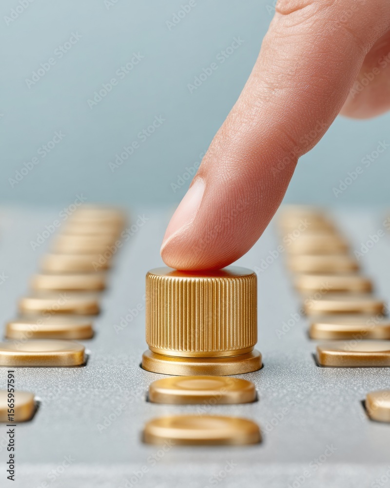 Poster modern finger pressing gold button on sleek console symbolizing activation and new beginnings for fi