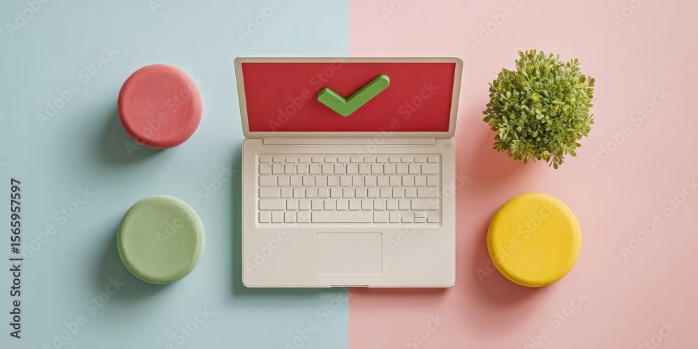 Poster modern high-quality laptop payment confirmation with green checkmark in stylish home office authenti