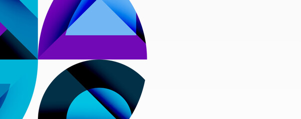 Abstract geometric shapes, vibrant blues, purples dominate design. Minimalist composition, clean lines suggest modern aesthetic.