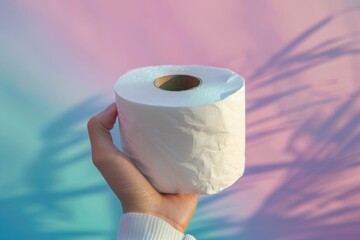 Ultra Quality Picture of High Angle of Hand Holding Toilet Paper Roll