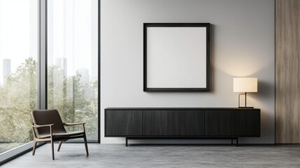 Minimalist interior with black cabinet, chair, art frame, & window view of trees