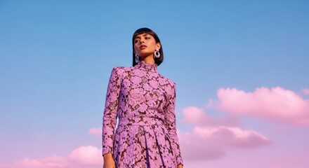 Ai generated image of a fashion model poses in a purple lace dress