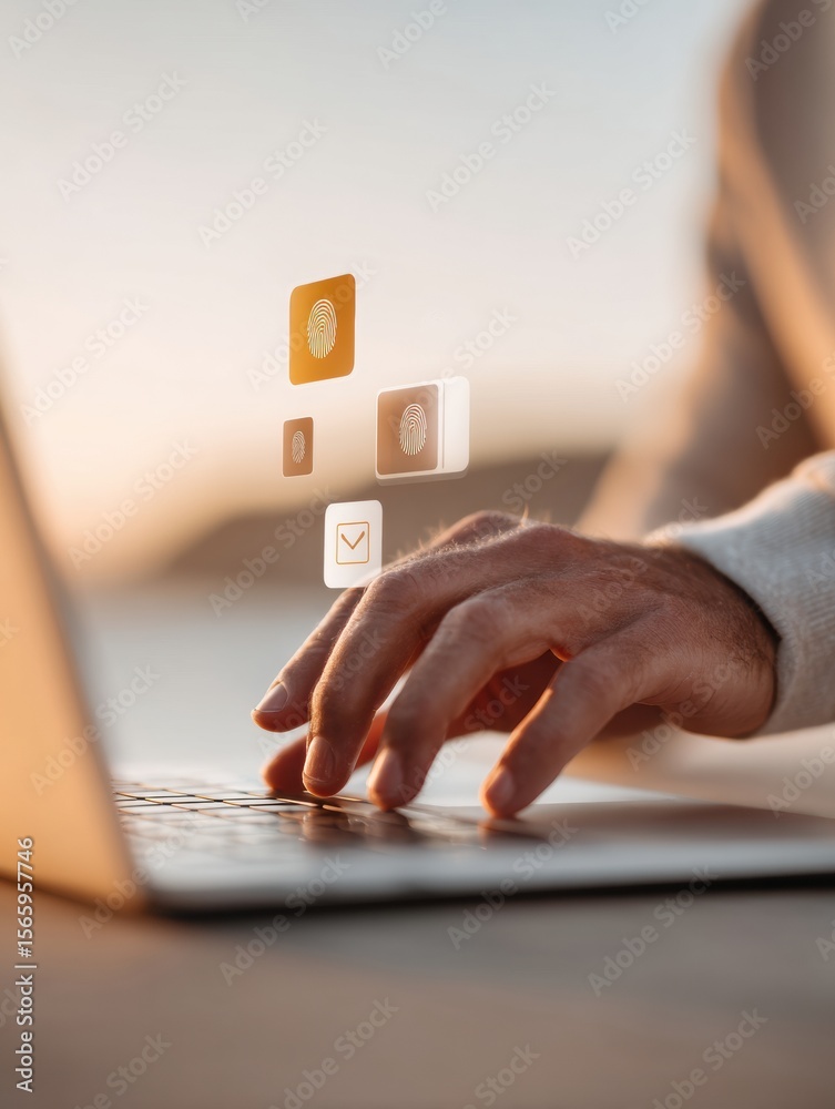 Poster Modern Biometric Security Authentication with 2FA Interface on Laptop Premium Tech Content for Professional Cybersecurity Marketing and Business Use