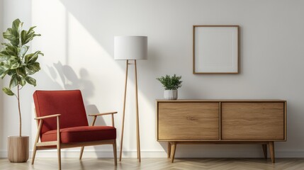 Fototapeta premium Cozy interior features a red armchair, wood cabinet, lamp and a potted plant