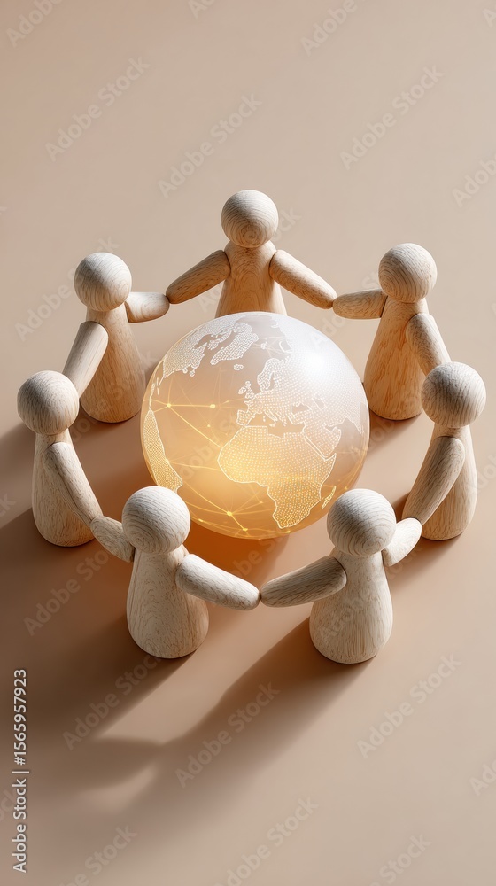 Aufkleber Modern Professional Wooden Figures Circle Around Luminous Globe Representing Global Teamwork and Collaborative Partnerships for Inspiring Business Marketing