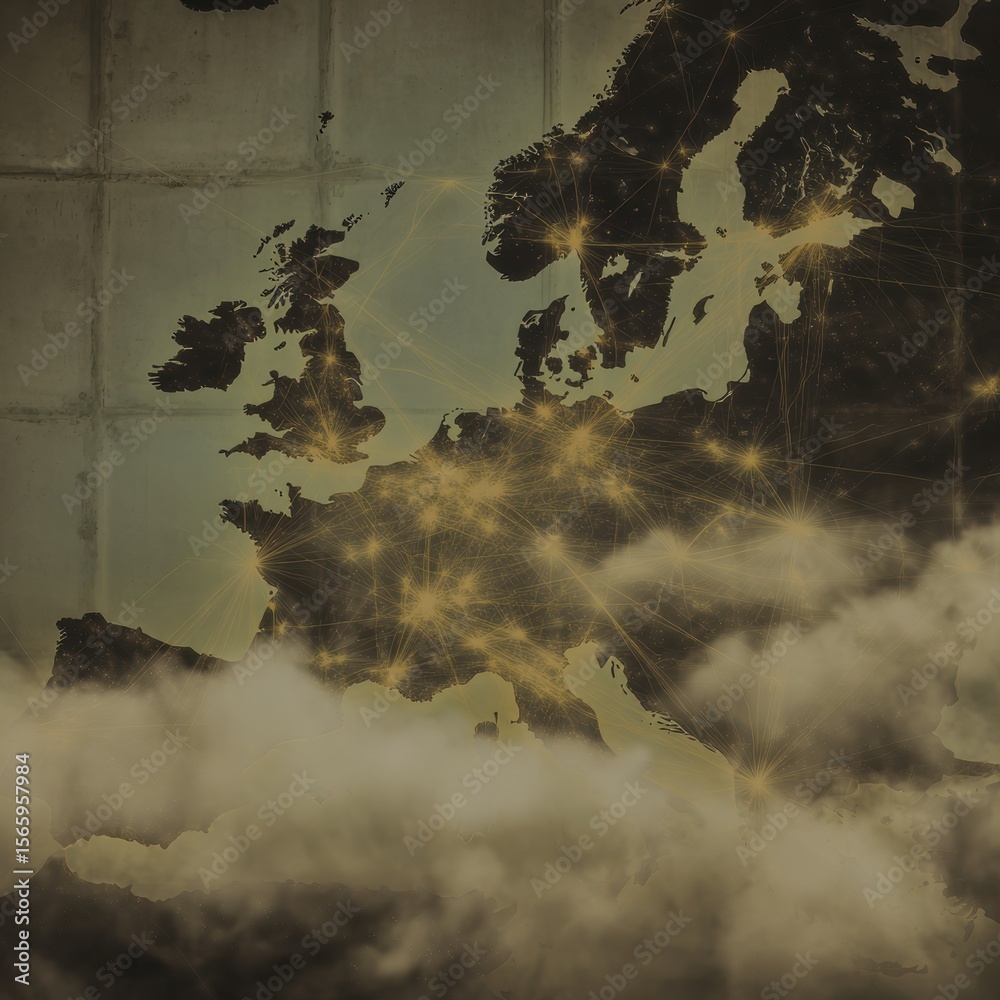 Poster Digital Logistics Hub Map of Europe with Glowing Network Connections Overlaid, Highlighting Advanced Tech and Optimized Global Distribution