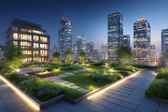 Modern urban rooftop garden at twilight with illuminated city skyscrapers and lush greenery, offering a serene escape amidst the bustling city life