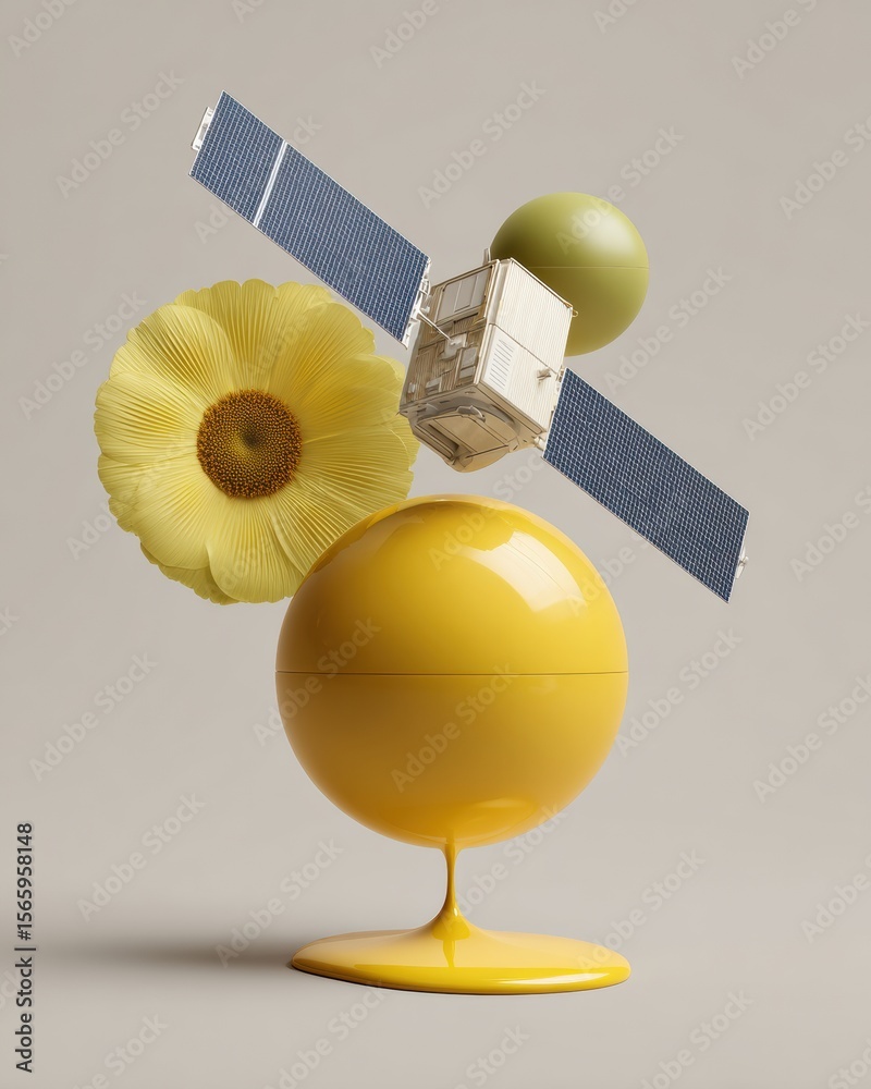 Poster Modern Meteorology Satellite Model with Abstract Geometric Elements and Floral Motif in Minimalist Style for Tech and Climate Innovation Marketing