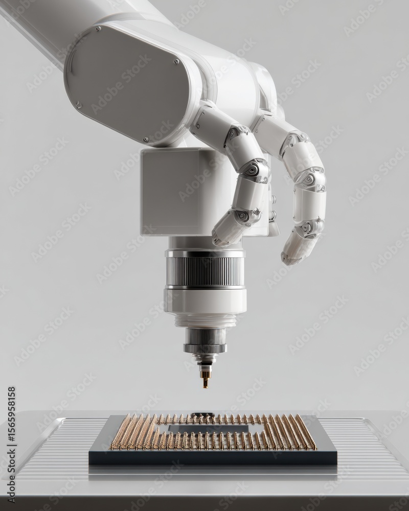 Aufkleber High-Tech Robotic Arm with Precision Nozzle Working on Silicon Wafer in Microchip Assembly Line for AI-Powered Quantum Hardware Manufacturing