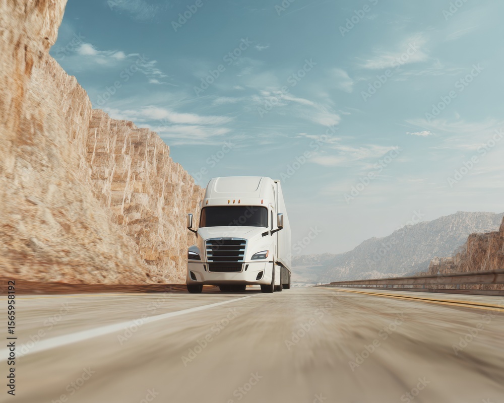Poster Futuristic Autonomous Semi-Truck Driving on Desert Highway with Advanced AI Technology in Dynamic Low-Angle View for Innovation Campaigns