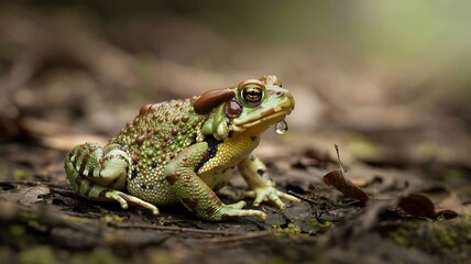 Detailed close up of a green and brown warty toad with a water droplet on its face