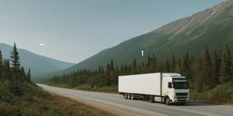 Professional Driverless Semi-Truck on Highway Through Lush Forest Modern AI Transportation Tech for Corporate Advertising and Digital Marketing Campaigns