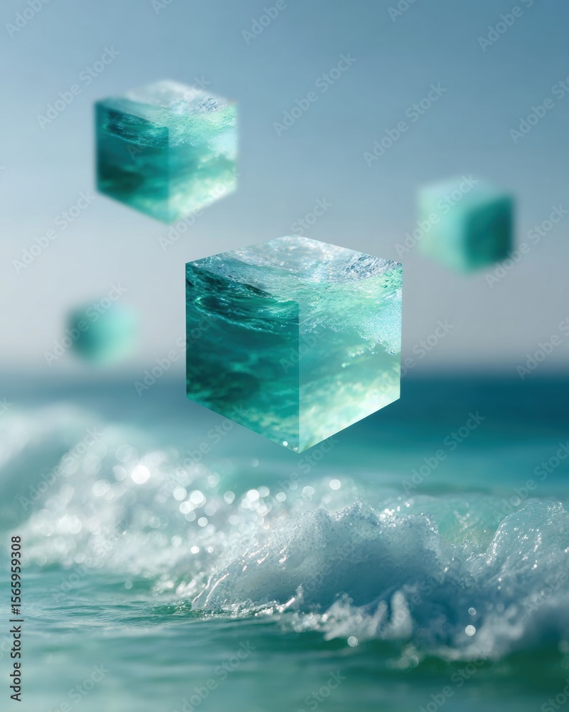 Poster Surreal Ocean Cubes Floating Above Waves in Minimalist Seascape - Modern Digital Art with Abstract Tech Aesthetic for Creative Branding