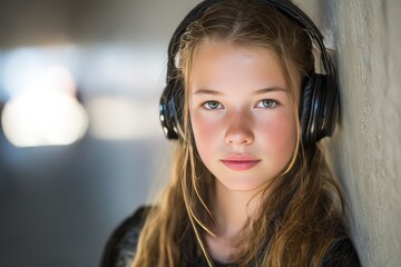 Portrait of a Young Woman Wearing Headphones, Relaxing in Urban Setting with Soft Lighting and Ambient Vibes Capturing Natural Beauty and Modern Lifestyle