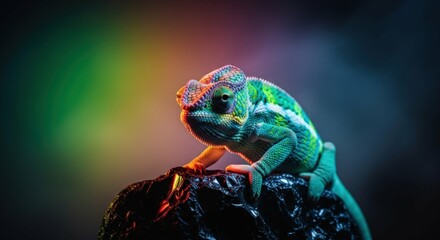 Ai generated image of a vibrant chameleon sits on a dark rock against a colorful background