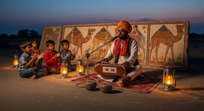 Ai generated image of a musician plays the harmonium as children pray in the rajasthan desert