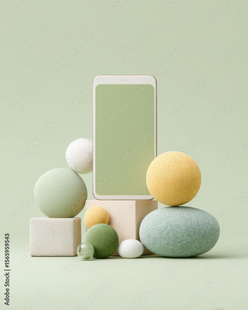 Poster modern minimalist smartphone display with soft pastel spheres premium abstract tech and lifestyle co