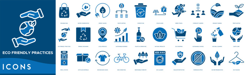 Eco-Friendly Practices icon set. Reusable Bag, Water Conservation, Energy Saving, Waste Sorting, Compost Bin, Solar Usage and Green Travel