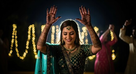 Ai generated image of a smiling bride with hennadecorated hands poses joyfully at a night wedding