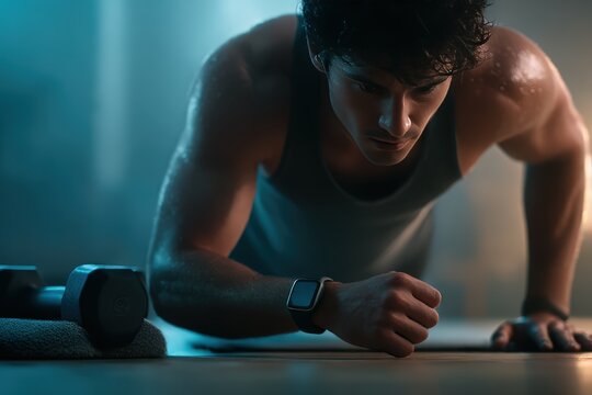 Intense Fitness Training: Man Performing Plank Exercise in Gym Setting with Sweat and Determination